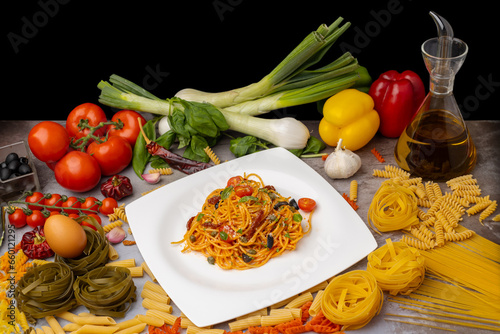 bodegón de plato de espaguetti con alcaparras y anchoas