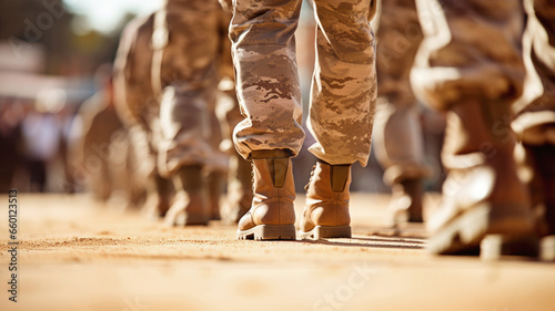 Close-up of men soldiers legs in uniform and boots on the sand ground. Marching at military camp. Army defense, mobilization and conscription