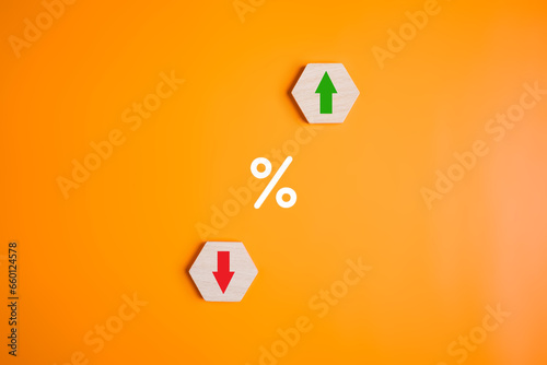 Percentage sign with direction of arrow up and down, Changes in interest rates, Arrow indicating up and down direction, Economic growth, Interest rate and mortgage rates concept