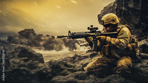 Sniper shooter in the desert. A military man aims at the enemy during an operation.