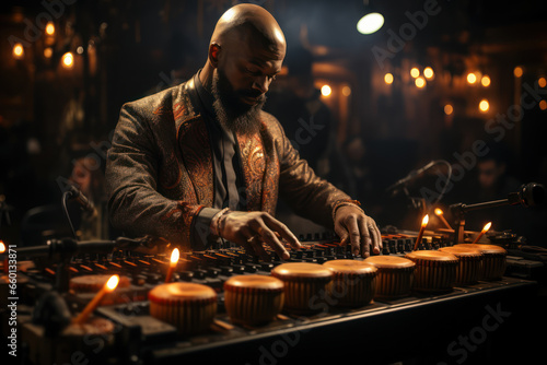 A percussionist using mallets to strike a marimba, creating a soothing percussive melody. Concept of melodic percussion. Generative Ai.