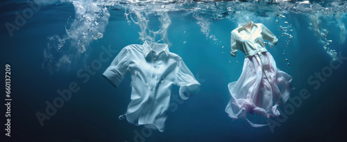 cleaning clothes washing machine or detergent liquid commercial advertisement style with floating shirt and dress underwater with bubbles and wet splashes laundry work as banner design with copy space