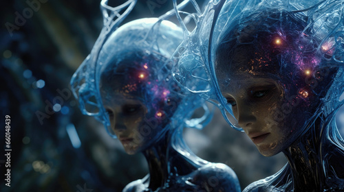 Closeup of a species of aliens with bodies made entirely of energy, able to change their form and manipulate matter at a molecular level. They have no physical bodies or limitations, allowing