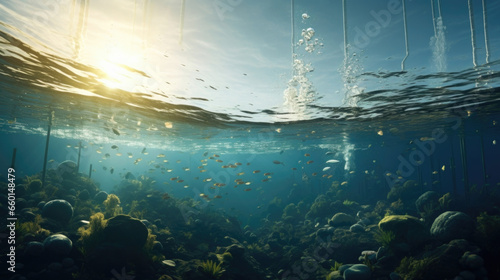 Scifi scene showing an Earth completely covered in water, with humans living in underwater cities and breathing through advanced technology. This is a parallel universe where climate change