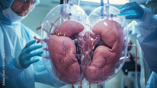 Closeup of a labgrown organ, such as a liver or kidney, being carefully transported to a patient in need of a transplant, eliminating the need for donor and reducing the risk of rejection.