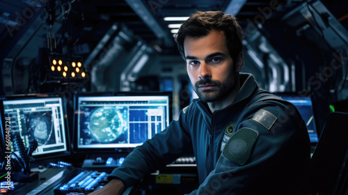 Portrait of a crew member inside the biohybrid spacecrafts control room, connected to the ships neural network and communicating seamlessly with the living systems on board.