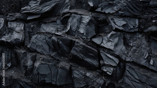View of volcanic basalt with jagged edges, displaying a striking contrast of dark charcoal and coal black hues with irregular, sharp edges and a gritty, uneven texture.