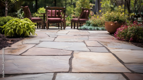 The surface of this weathered flagstone patio is reminiscent of a wellloved garden path, with a combination of smooth and rough stones in earthy hues.