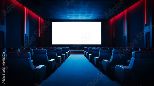 Movie cinema hall interior with rows of blue seats and white blank mockup screen. Ai generative illustration