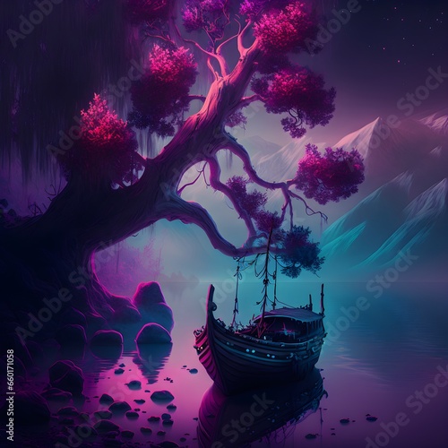 purple luminescent violin dark black branches RED trees fairy forest realistic real fantasy dark lands purple energy BLUE ground dark sky panoramic view many rivers small boat on water baby panda 