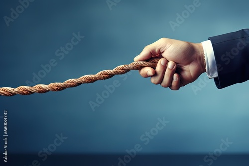 Businessman hand pulling rope, concept of business, competitiveness and challenges. Generative AI
