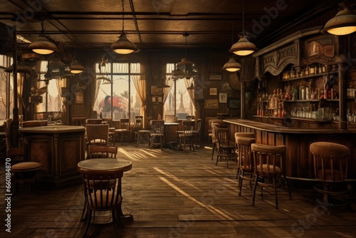 Inside a saloon in a western city, concept of history and the old west. Generative AI