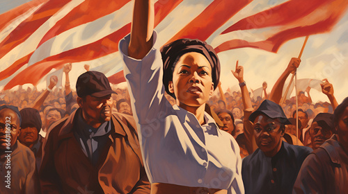 A painting depicting an African American woman boldly raising her hand in the air, embraced by a united crowd showing solidarity.