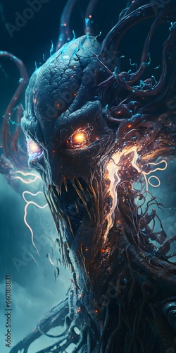 16k extreme closeup portrait tentacles frightening agressive transparent mountain mastodon portrait electricity inside its body lava swimming in its head pools with diamond branches rolling salt 