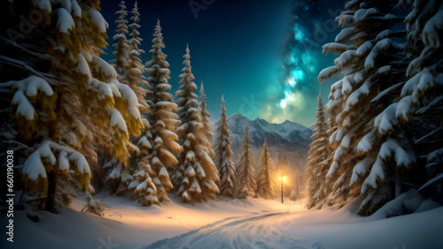 Nighttime view of a snow-covered forest illuminated by a light in the background, with tall pine trees covered in snow in December 