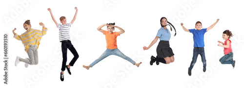 Different kids jumping on white background, collage with photos
