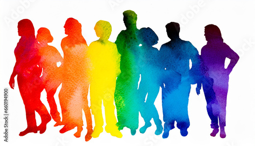 multicolored spectrum silhouettes of people on a white background watercolor generative ai 