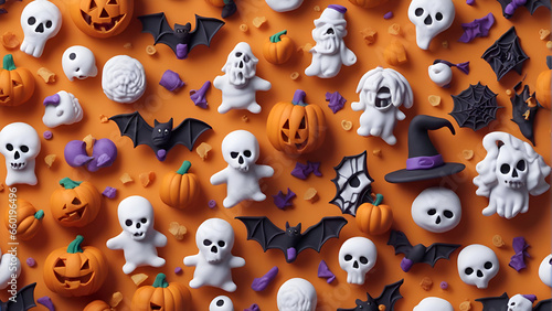 Seamless halloween pattern with pumpkins. ghosts. bats and spiders on orange background