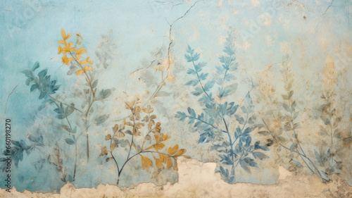 Old wall painting of plants with cracks, vintage Ancient fresco art