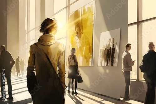 Illustration from an art gallery vernissage modern sunny light 