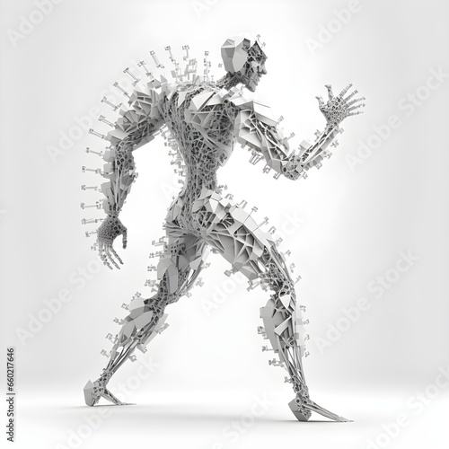 A fractal DNA cyborg robot made of infinitesimal squares Remorseless harsh jagged white background wide shot 