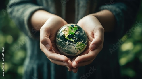 Green earth planet on volunteer's woman hands. World environment day, sustainable ecology and environmental friendly concept.