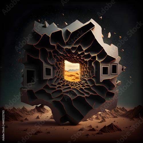 A cave dwelling desert DNA cyborg moving in infinitesimal squares Remorseless harsh jagged Black background wide shot 