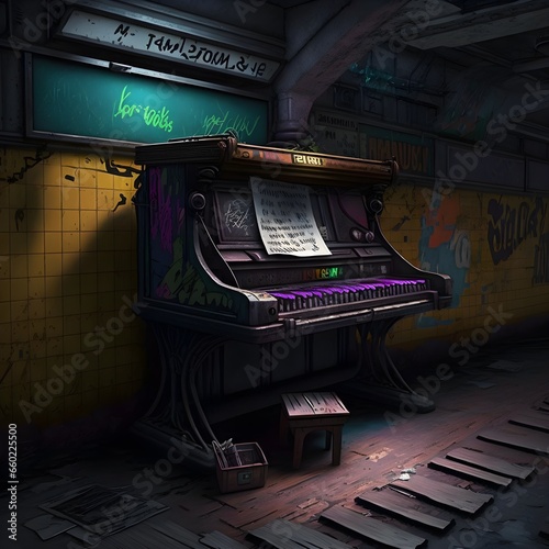 Create a photorealistic 3D render of a New York City subway station with a broken vintage piano lying cracked on the platform The walls of the station are covered in vibrant street art with graffiti 