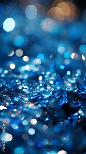 Background of sapphire glitter bokeh. Unfocused royal blue shine and sheen. Crystallized wall paper