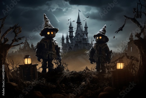 Halloween concept. Cute little children in costumes of skeleton and witch in the field