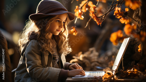 a little girl sitting at a computer under a tree. in Autumn forests