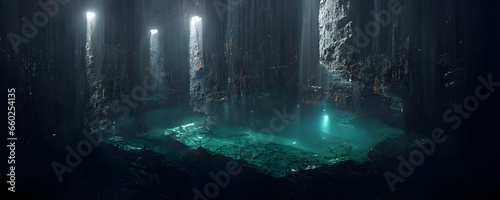 parametric cenote environment iron girders span enormous distances water pouring over ther edge bright white light atmospheric highly detailed 4k octane engine 