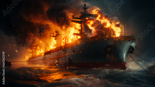 Large burning cargo ship tanker carrying oil in the sea or ocean