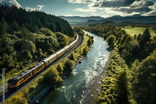Aerial view of a train in a beautiful forest. Colorful landscape with railway, foggy trees with orange leaves, fog. Top view of a moving train in autumn. Railroad station