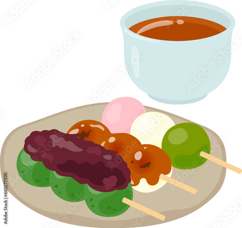 3種類の串団子とほうじ茶
