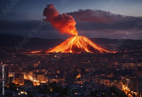 A volcano between a city