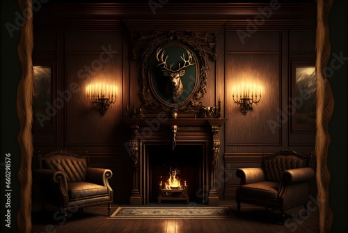This dark oakpaneled room looks like a hunters den Mounted above the fireplace is a stags head and positioned around the outskirts of the room are three stuffed wolves 