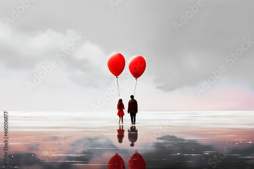 Couple with Red Balloons on a Smooth Reflective Surface Against a Monotonous Grey Minimalist Sky