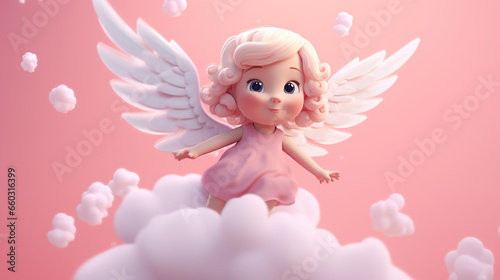 3D cute cartoon angel with wings and clouds.