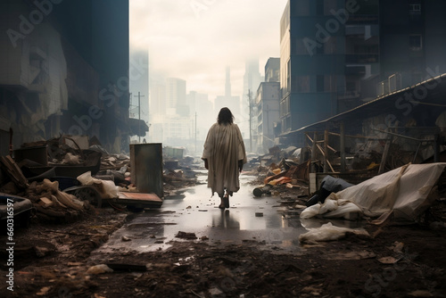 Jesus walking in a destroyed city after some king of disaster, religion and apocalypse concept