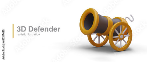 Defender concept. Realistic wheel cannon ready for battle. Color vector illustration. Vintage artillery. Siege weapon. Pirate long range firearms. Game content