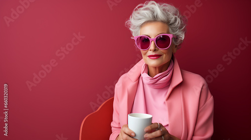 Trendy Elderly Woman Holding Coffee