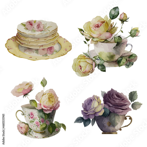 Watercolor vector vintage yellow, pink, purple bouquet of roses in teacup and plates, on white background for making cards, invitation, decoration, greeting design, birthday, holiday, seasonal decor.