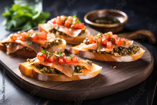 bruschetta with capers and anchovies on a slate tray