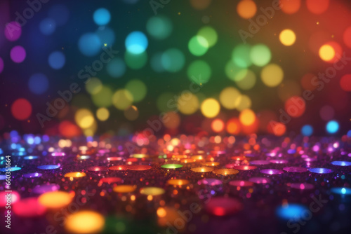 Abstract background with bokeh defocused lights and stars in rainbow colors. Nightlife and disco party banner.