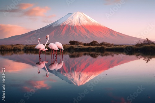 Volcano reflecting in water with flamingos. Generative AI