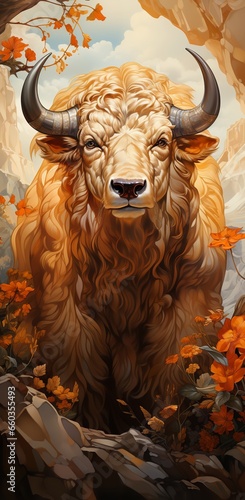 a majestic Highland bull with long, shaggy horns, standing in a field of wildflowers at sunset. The bull's coat is a deep brown, and its horns are a lighter shade of brown with white tips. 