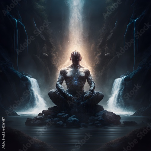 powerful cosmic warrior meditating in the middle of a waterfall ar 
