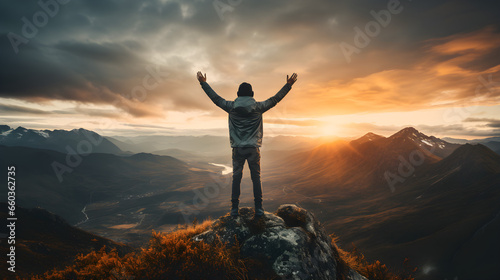 Man standing on top of a mountain peak, hands raised, success and ambition, career and hiking concept. Generative AI