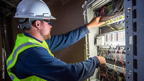 Electrician installing electric cable wires of fuse switch box.
